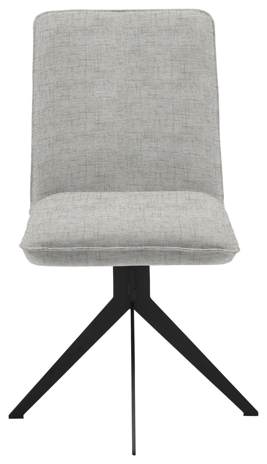 Moderner Stuhl mit grauem Stoffbezug und schwarzem Metallgestell, Frontalansicht