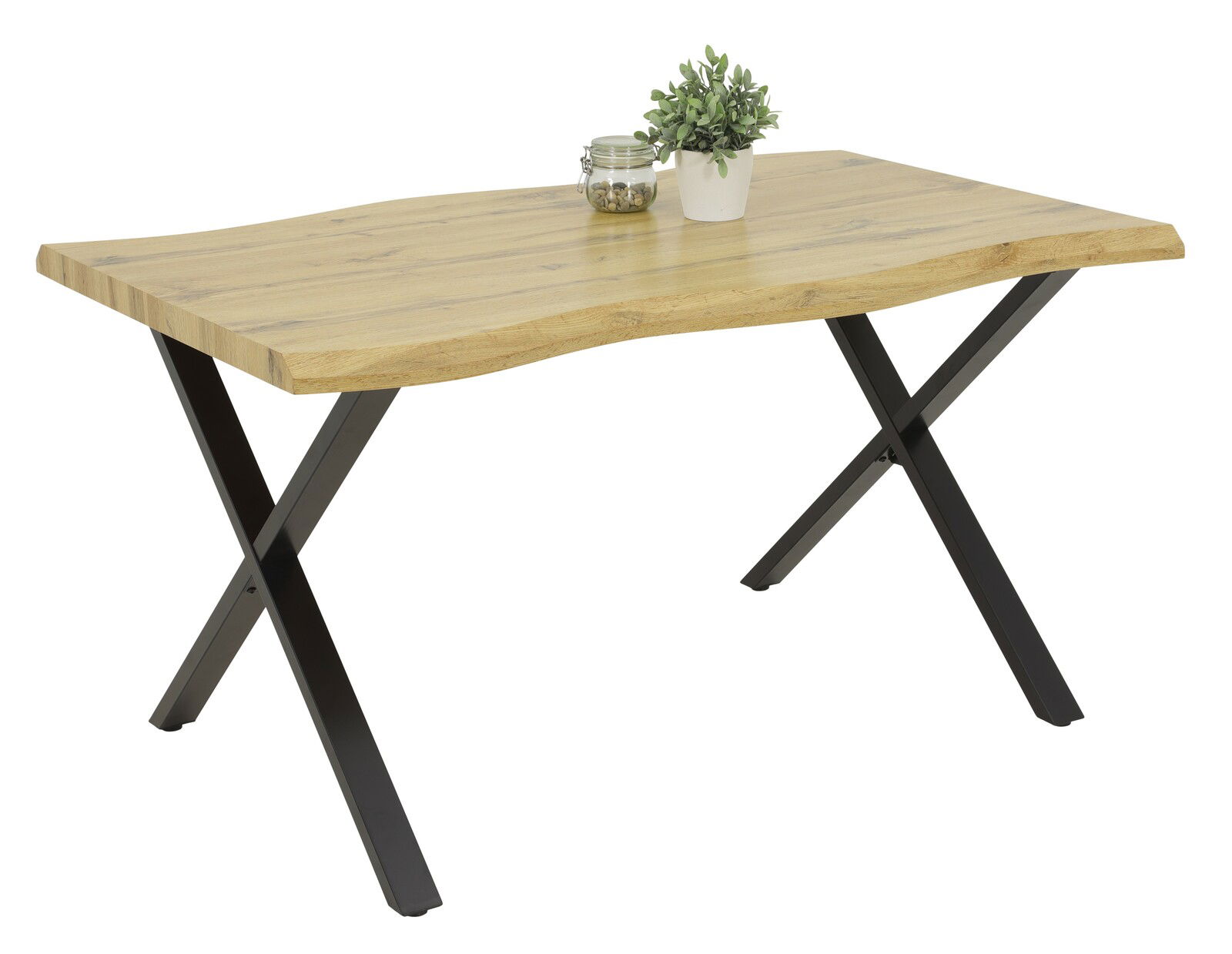 Moderner Esstisch mit Holzplatte und schwarzen Metallbeinen, seitliche Perspektive