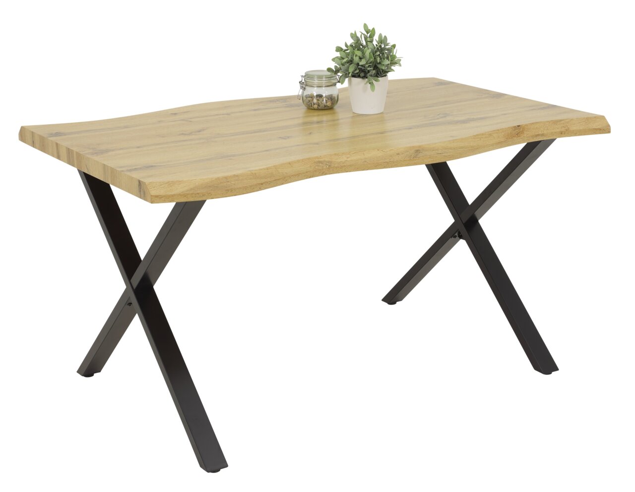 Moderner Esstisch mit Holzplatte und schwarzen Metallbeinen, seitliche Perspektive