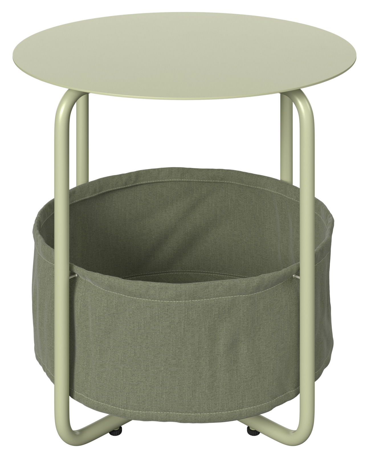 Moderner Beistelltisch mit rundem, hellgrünem Tischplatte und integriertem Stoffkorb, Frontalansicht.