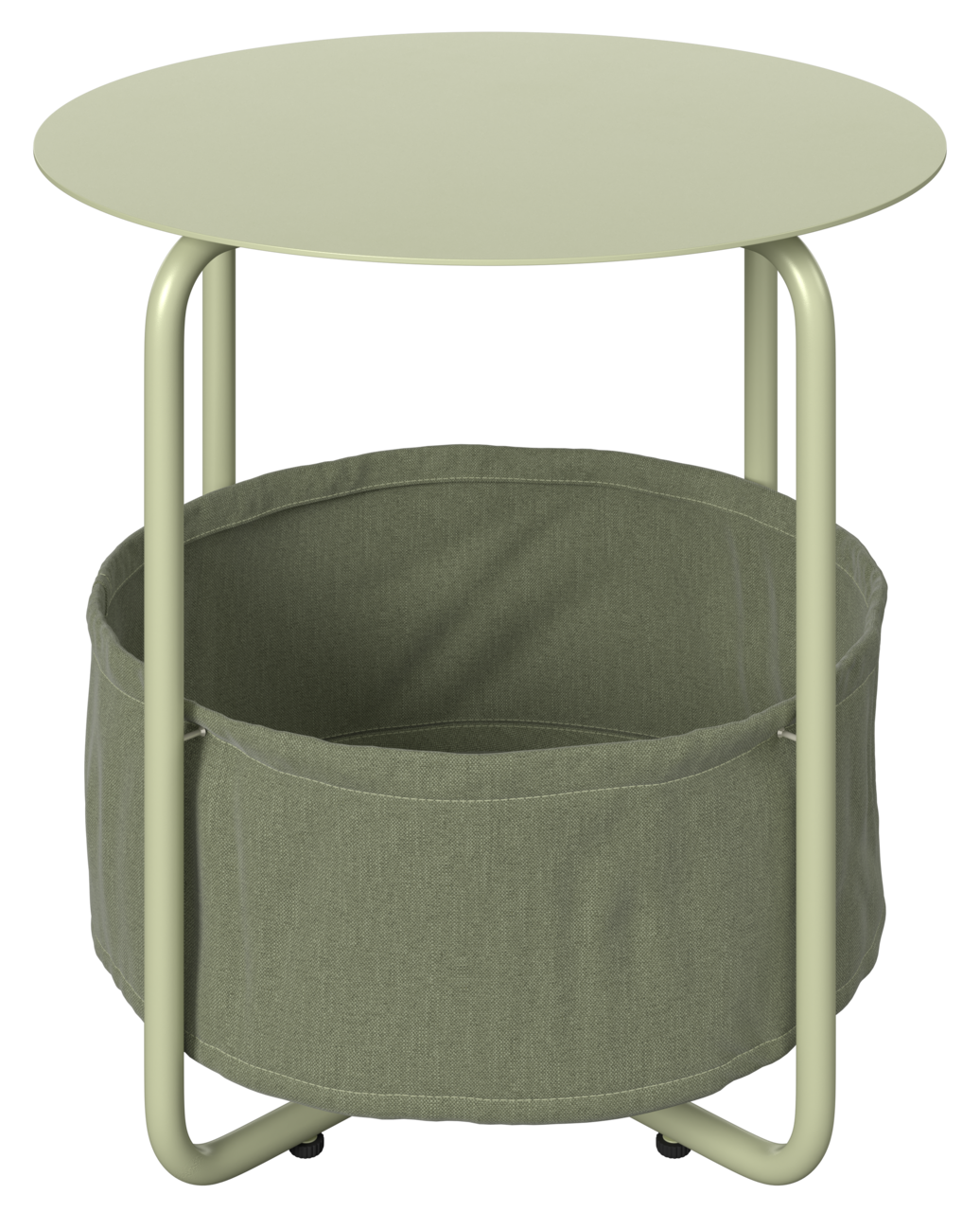Moderner Beistelltisch mit rundem, hellgrünem Tischplatte und integriertem Stoffkorb, Frontalansicht.
