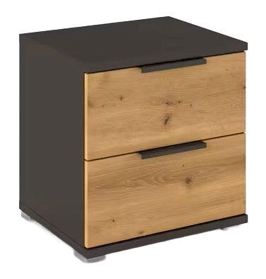 XORA Nachtkonsole ENDORA-F Moderner Nachttisch mit zwei Schubladen, Korpus in Anthrazit und Fronten in Eiche-Optik mit schwarzen Griffleisten, freigestellt in schräger Vorderansicht