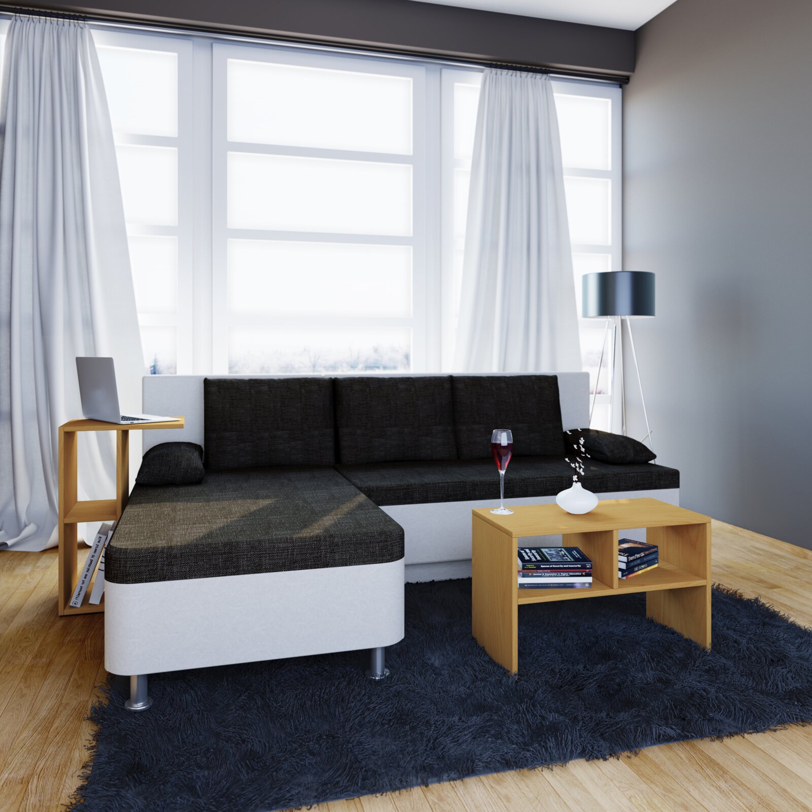 Modernes Ecksofa in Dunkelgrau und Hellgrau mit Chaiselongue im hellen Wohnzimmer, frontale leicht schräge Perspektive; davor Holz-Couchtisch auf dunkelblauem Teppich