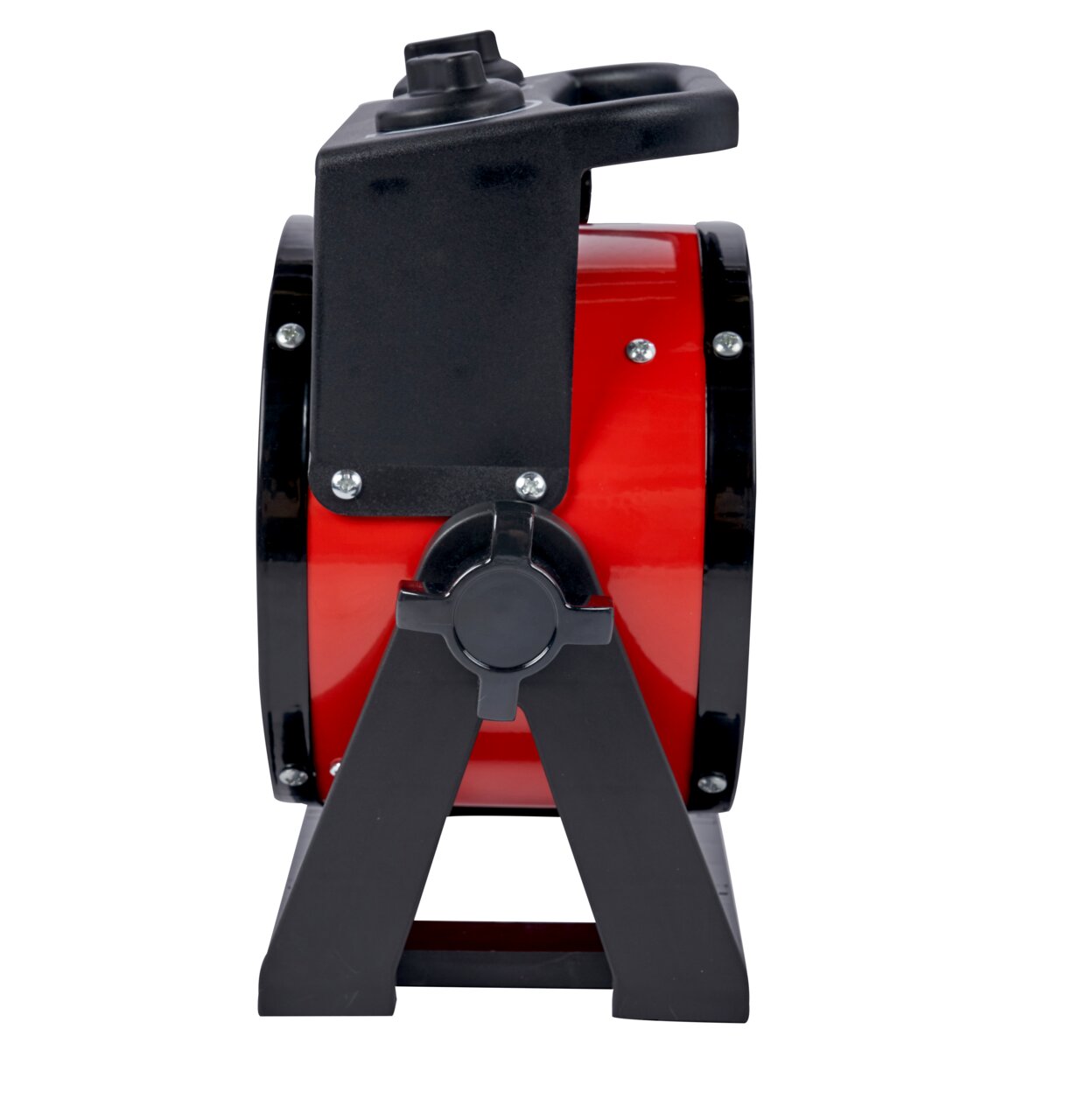 Seitenansicht eines roten Keramik Heizlüfters mit schwarzem Standfuß und Griff.