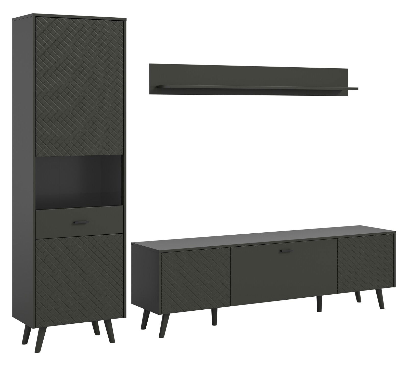 Wohnkombination in dunklem Design, bestehend aus einem hohen Schrank, einem langen TV-Schrank und einem Wandregal, frontal betrachtet.