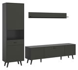 Wohnkombination in dunklem Design, bestehend aus einem hohen Schrank, einem langen TV-Schrank und einem Wandregal, frontal betrachtet.