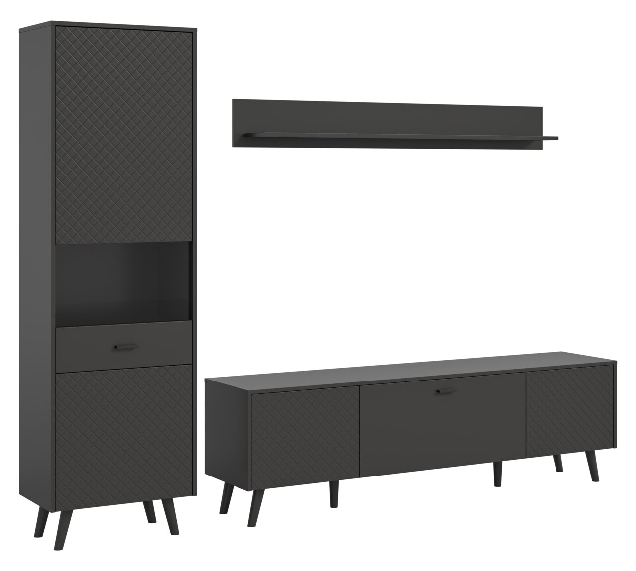 MID.YOU Wohnkombination LINEA Wohnkombination in dunklem Design, bestehend aus einem hohen Schrank, einem langen TV-Schrank und einem Wandregal, frontal betrachtet.