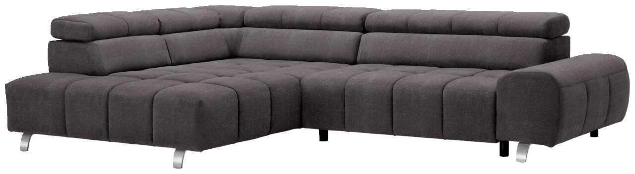 Graues Ecksofa mit Ottomane links, moderne Polsterung und verstellbaren Kopfstützen, Perspektive von vorne links