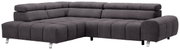 Graues Ecksofa mit Ottomane links, moderne Polsterung und verstellbaren Kopfstützen, Perspektive von vorne links