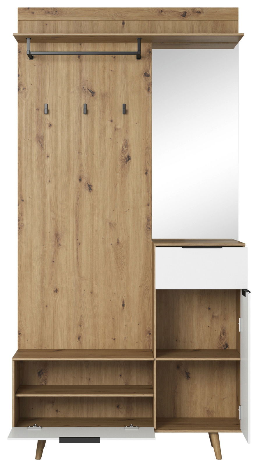 Kompaktgarderobe aus Holz mit Spiegel, Kleiderstange, Haken und Stauraum, frontale Ansicht