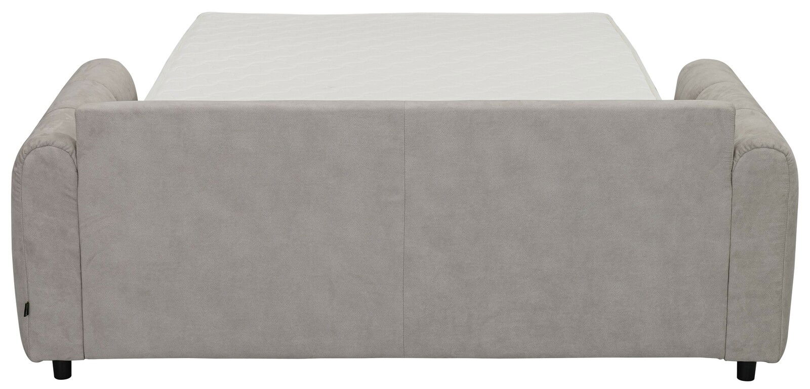 Rückansicht eines grauen Funktionssofas mit ausgeklappter Liegefläche.