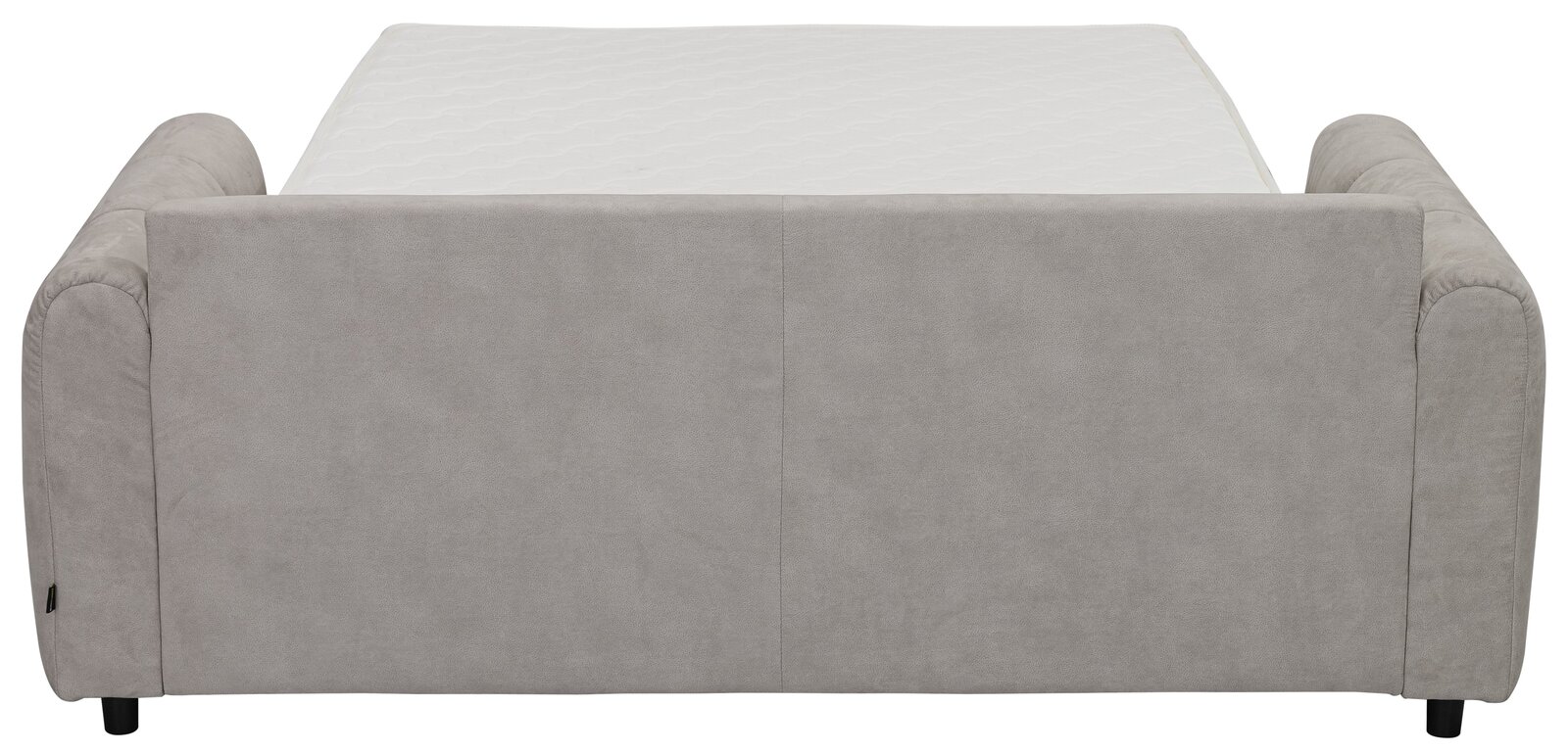 Rückansicht eines grauen Funktionssofas mit ausgeklappter Liegefläche.