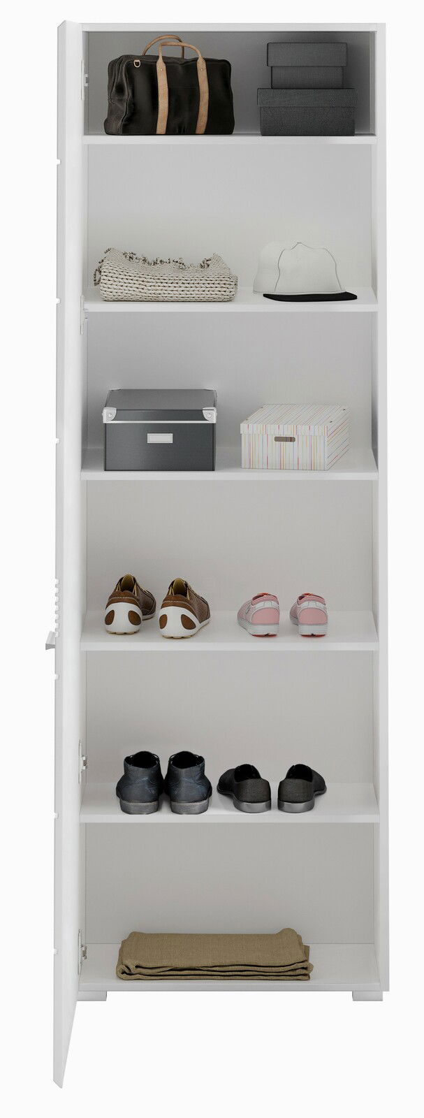 Weiße Garderobenkombination mit mehreren Regalböden, gefüllt mit Taschen, Schuhen und Boxen, aus der Frontalperspektive.