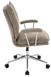 Seitenansicht eines Home Office Drehstuhls mit gepolstertem Stoffbezug und verchromtem Gestell auf Rollen.