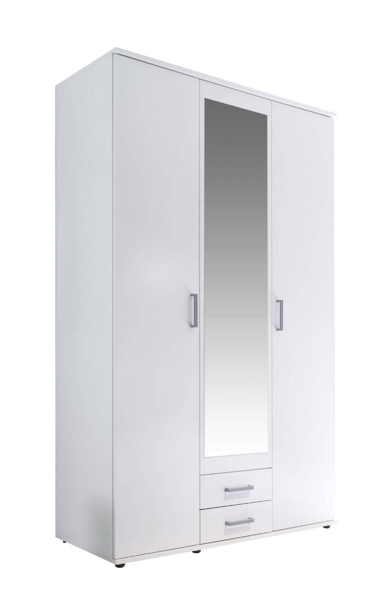 Drehtürenschrank 3-türig in Weiß mit Spiegel in der Mitte und zwei Schubladen unten, seitliche Perspektive