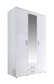 Drehtürenschrank 3-türig in Weiß mit Spiegel in der Mitte und zwei Schubladen unten, seitliche Perspektive