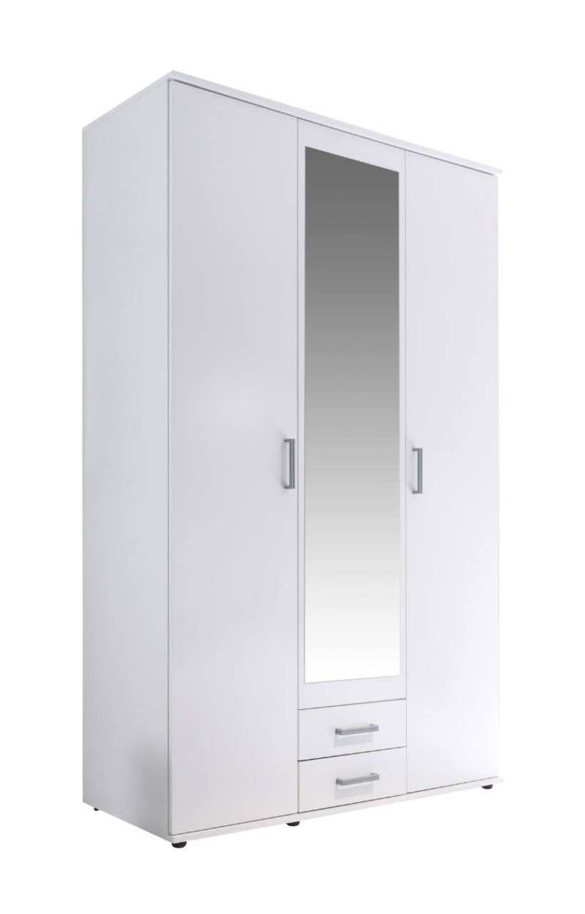 Drehtürenschrank 3-türig in Weiß mit Spiegel in der Mitte und zwei Schubladen unten, seitliche Perspektive