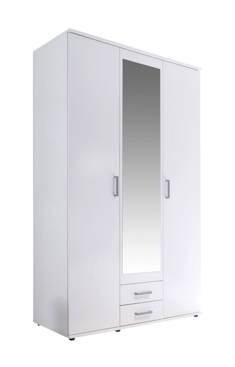 Drehtürenschrank 3-türig in Weiß mit Spiegel in der Mitte und zwei Schubladen unten, seitliche Perspektive