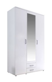 Drehtürenschrank 3-türig in Weiß mit Spiegel in der Mitte und zwei Schubladen unten, seitliche Perspektive