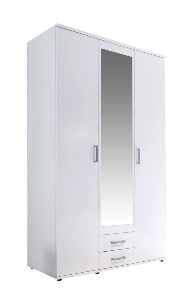 Drehtürenschrank 3-türig in Weiß mit Spiegel in der Mitte und zwei Schubladen unten, seitliche Perspektive