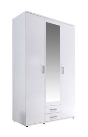 Drehtürenschrank 3-türig in Weiß mit Spiegel in der Mitte und zwei Schubladen unten, seitliche Perspektive