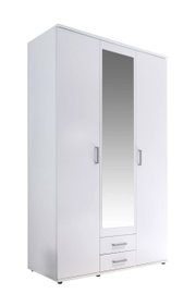 Drehtürenschrank 3-türig in Weiß mit Spiegel in der Mitte und zwei Schubladen unten, seitliche Perspektive