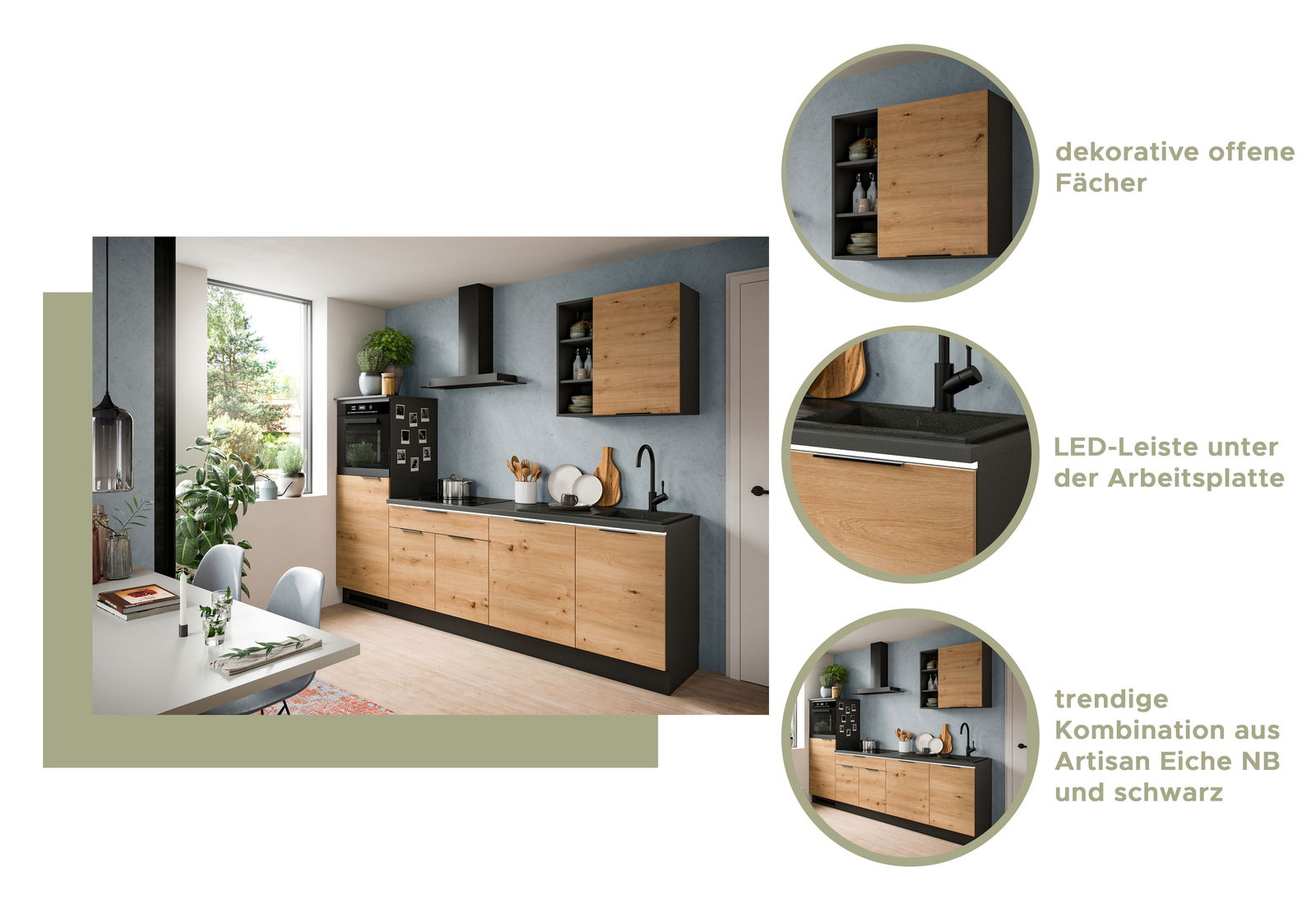Moderne Küche mit Holz- und Schwarzakzenten, dekorative offene Fächer, LED-Leiste unter der Arbeitsplatte, trendige Kombination aus Artisan Eiche NB und schwarz, seitliche Perspektive.