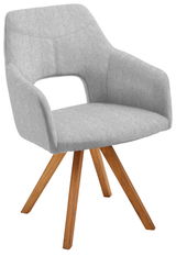 Moderner grauer Sessel mit Holzbeinen, seitliche Perspektive