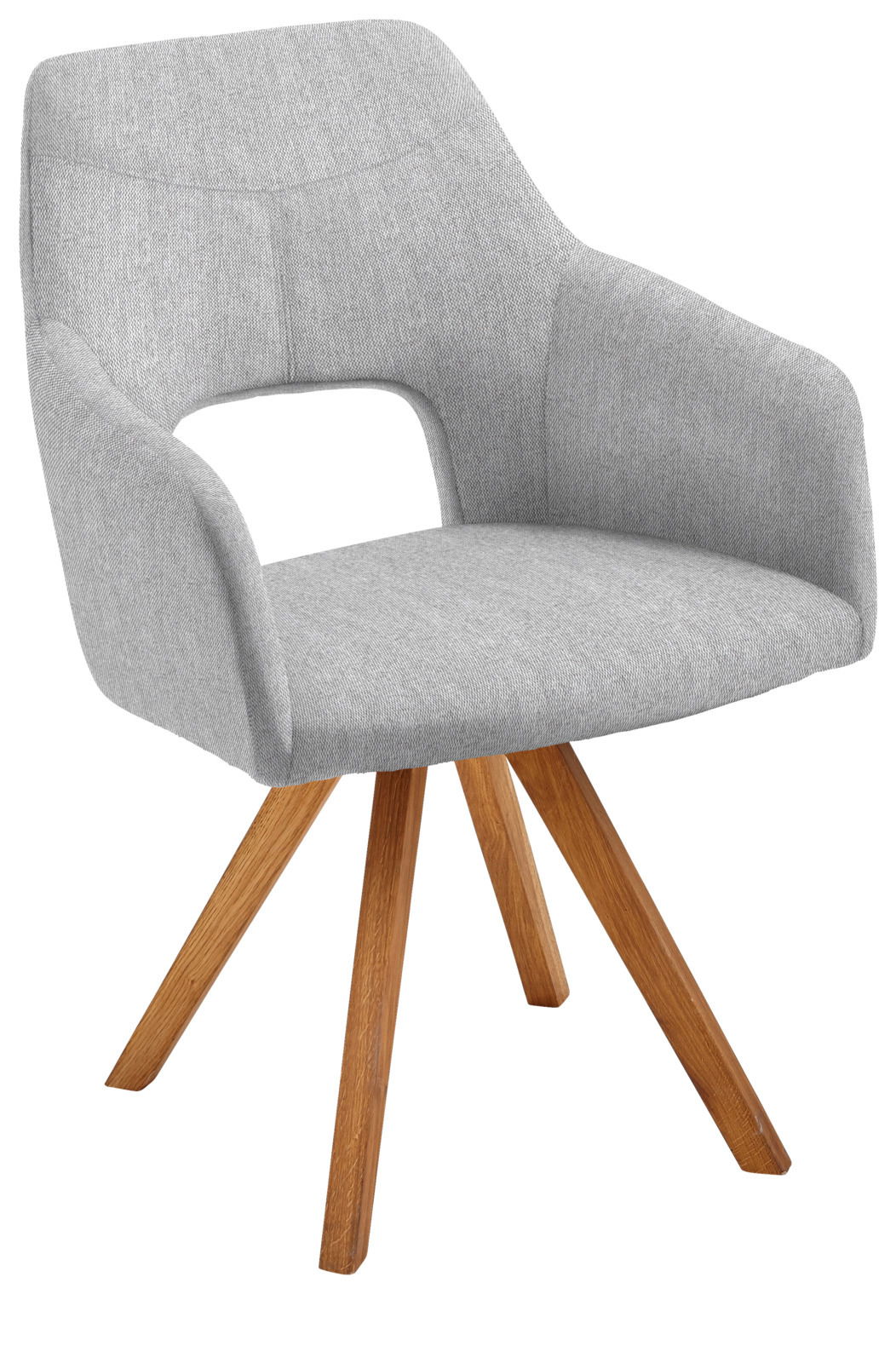 Moderner grauer Sessel mit Holzbeinen, seitliche Perspektive
