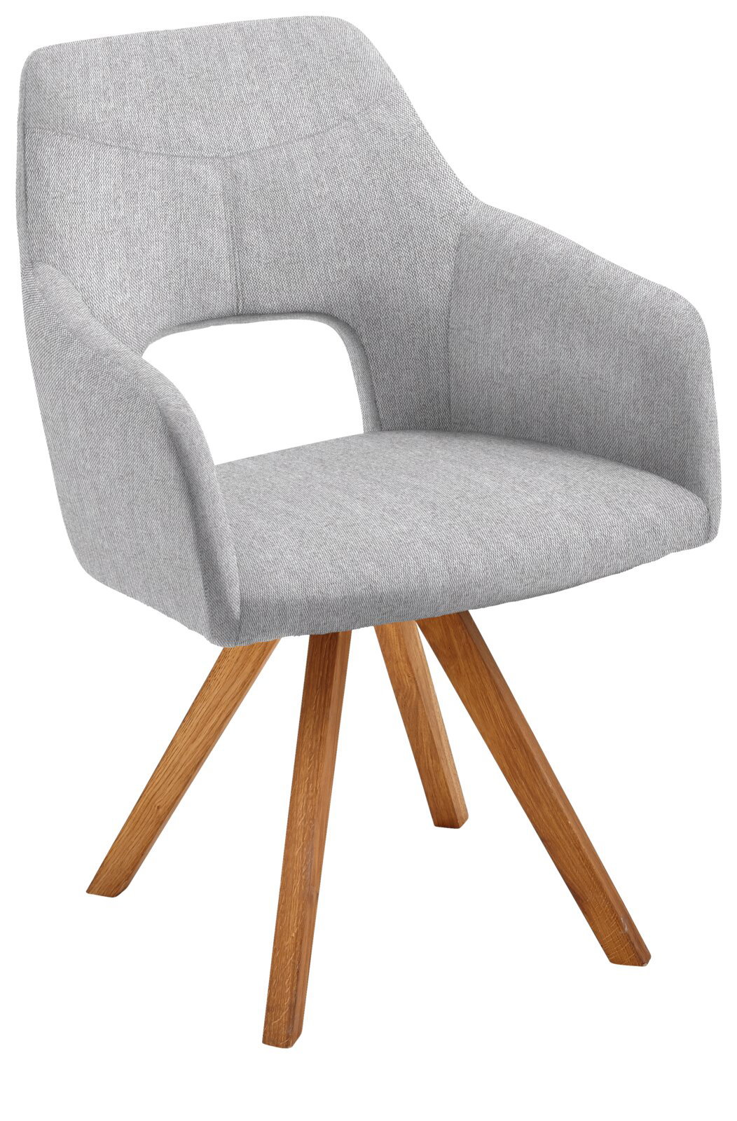 Moderner grauer Sessel mit Holzbeinen, seitliche Perspektive