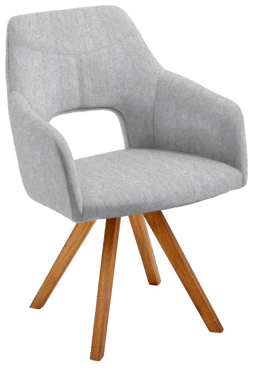 Moderner grauer Sessel mit Holzbeinen, seitliche Perspektive