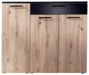 Moderner Schuhschrank mit drei Holztüren und einer schwarzen Schublade, Frontalansicht