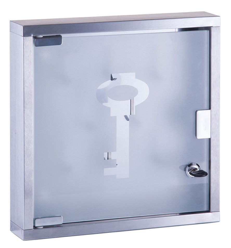 Moderner Schlüsselkasten aus Metall mit Glastür und Schlüsselmotiv, seitliche Perspektive