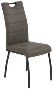 Moderner Stuhl mit gepolsterter Rückenlehne und Sitzfläche in dunklem Grau, seitliche Perspektive