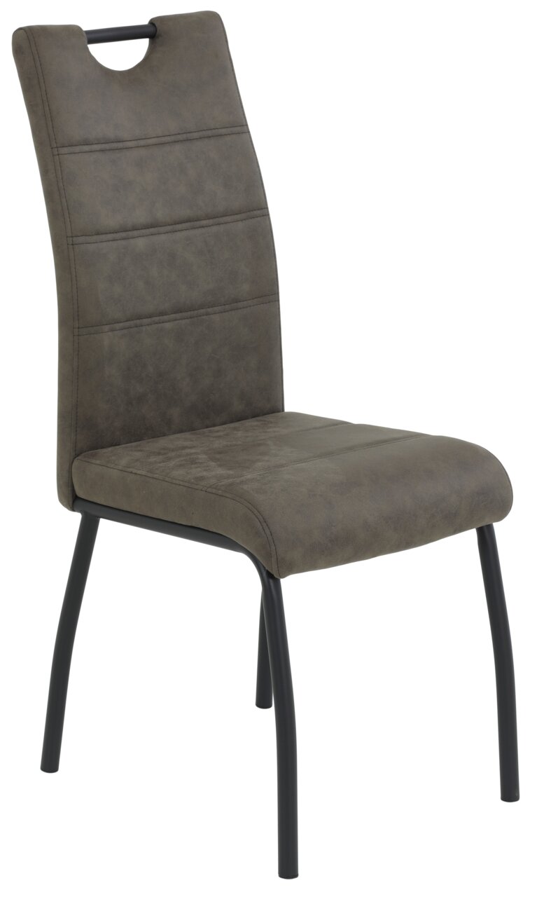 Moderner Stuhl mit gepolsterter Rückenlehne und Sitzfläche in dunklem Grau, seitliche Perspektive