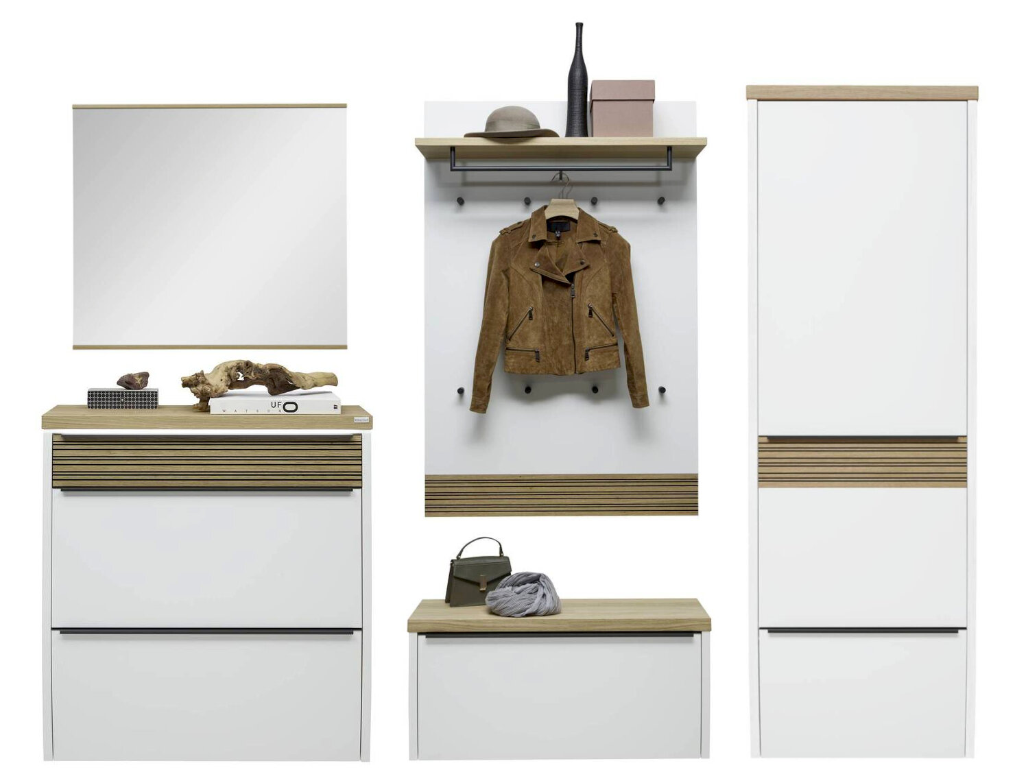 Dieter Knoll Garderoben-Set 5-tlg. ARCO NOVA Modernes Flurmöbel-Set in Weiß mit Eiche-Optik: Schuhschrank mit Spiegel, Garderobenpaneel mit Ablage und Haken sowie hoher Schrank, frontal aus der Vorderansicht freigestellt