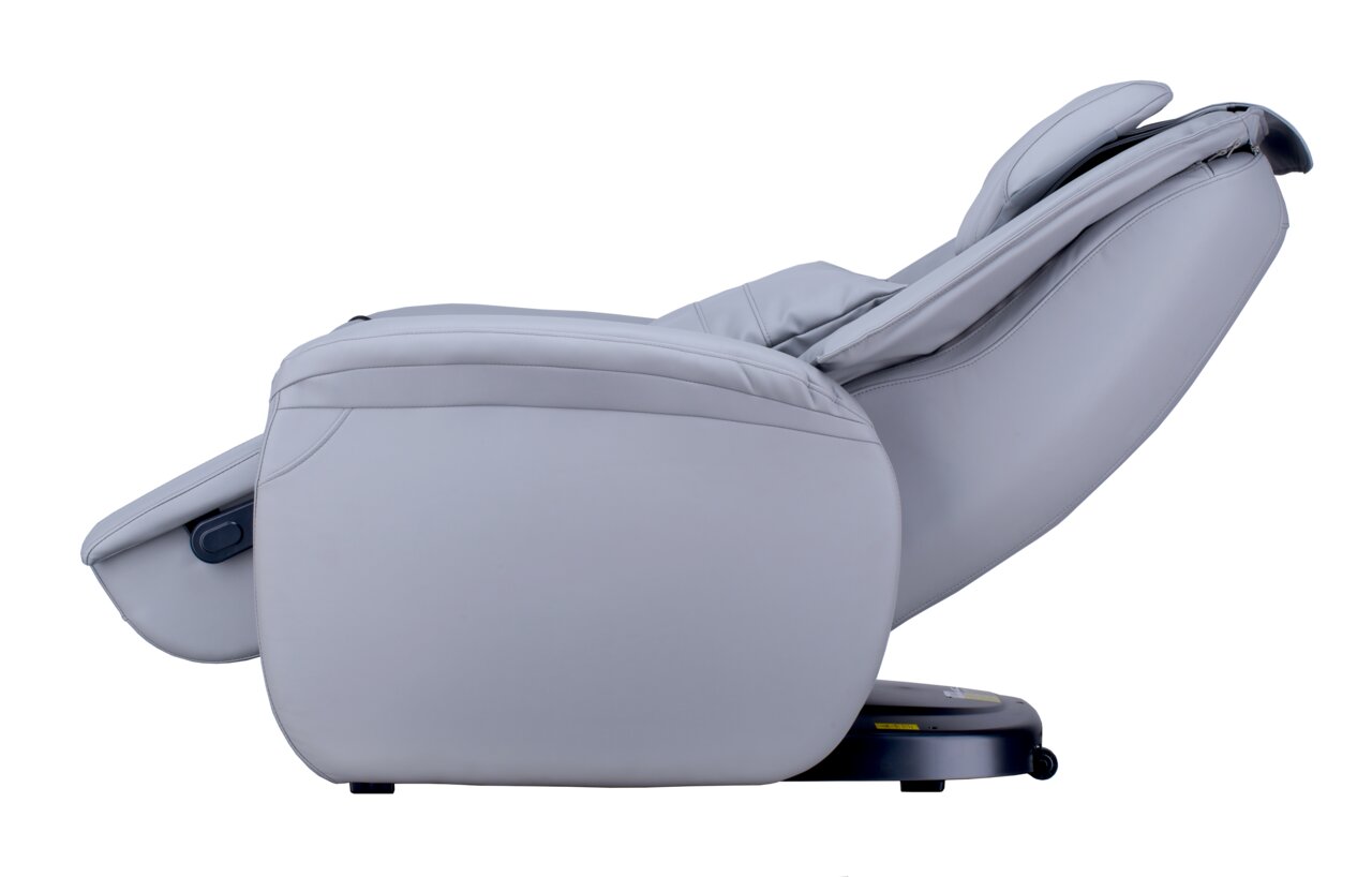 Zijaanzicht van een grijze massagestoel in liggende stand.