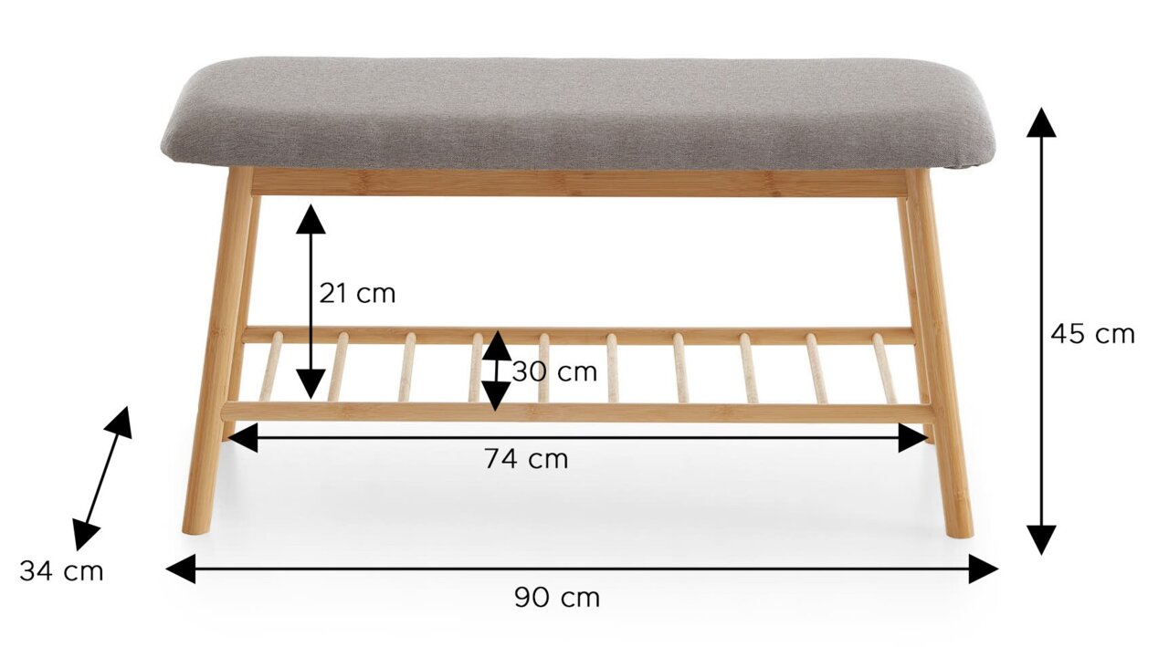 Gepolsterte Sitzbank mit grauem Stoffbezug und Holzgestell mit Ablagegitter, Maße ca. 90 x 34 x 45 cm, Seitenansicht.