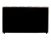 Rückansicht eines Polsterbettgestells mit schwarzem Stoffbezug und abgerundeten Kanten.