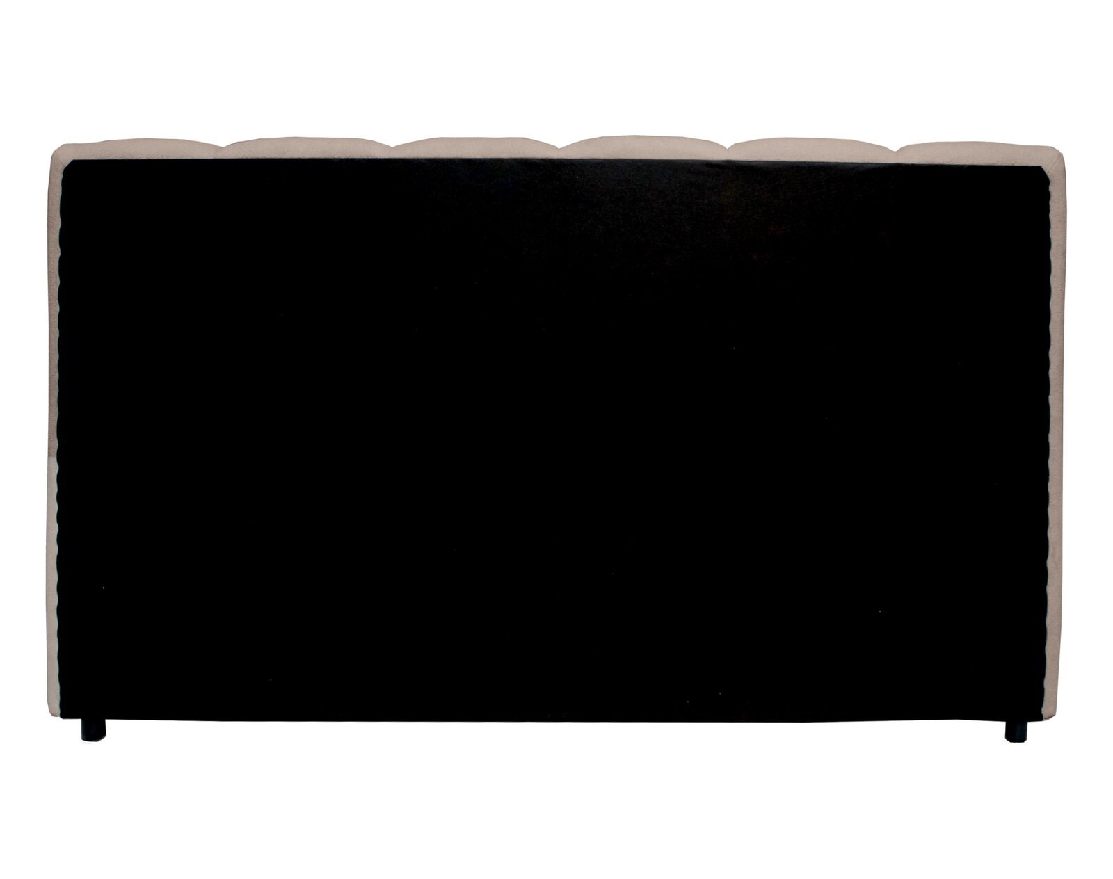 Rückansicht eines Polsterbettgestells mit schwarzem Stoffbezug und abgerundeten Kanten.