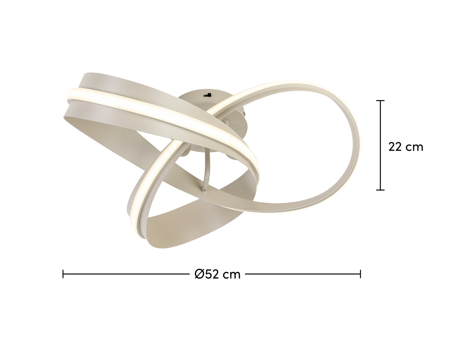 Moderne led-plafondlamp met gebogen vormgeving, zijaanzicht, diameter 52 cm, hoogte 22 cm.