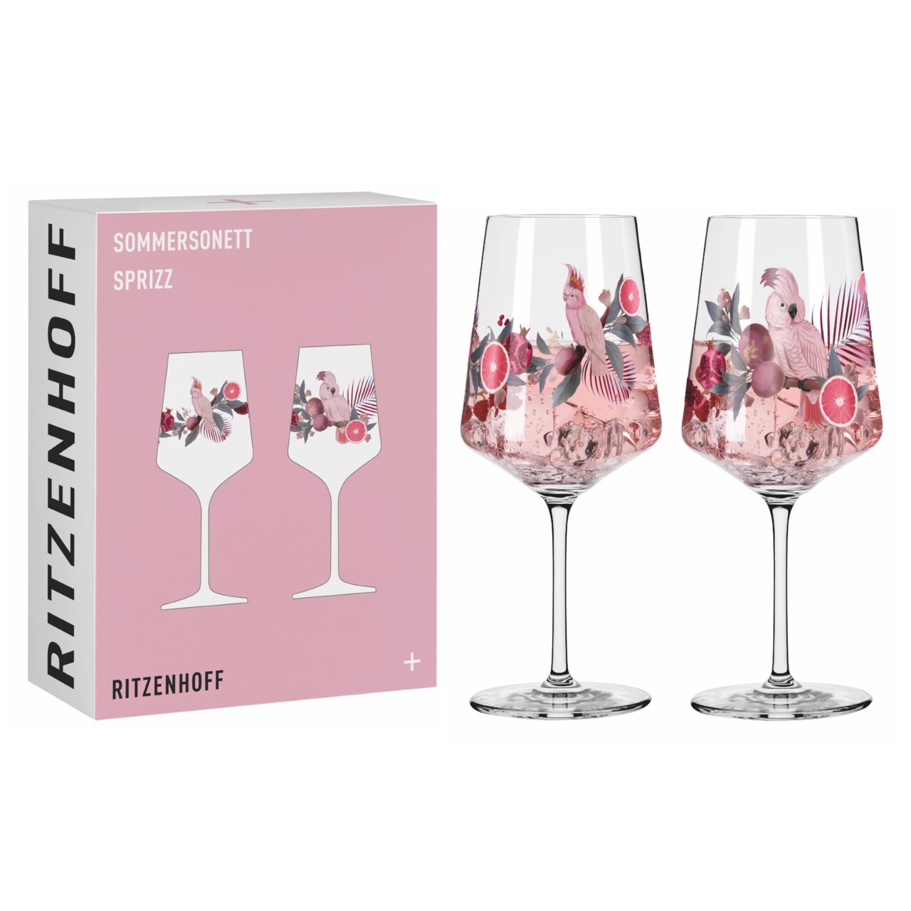 Twee elegante wijnglazen met een tropisch ontwerp, inclusief papegaai- en fruitmotieven, tegen een achtergrond met een soortgelijk patroon. Vooraanzicht.