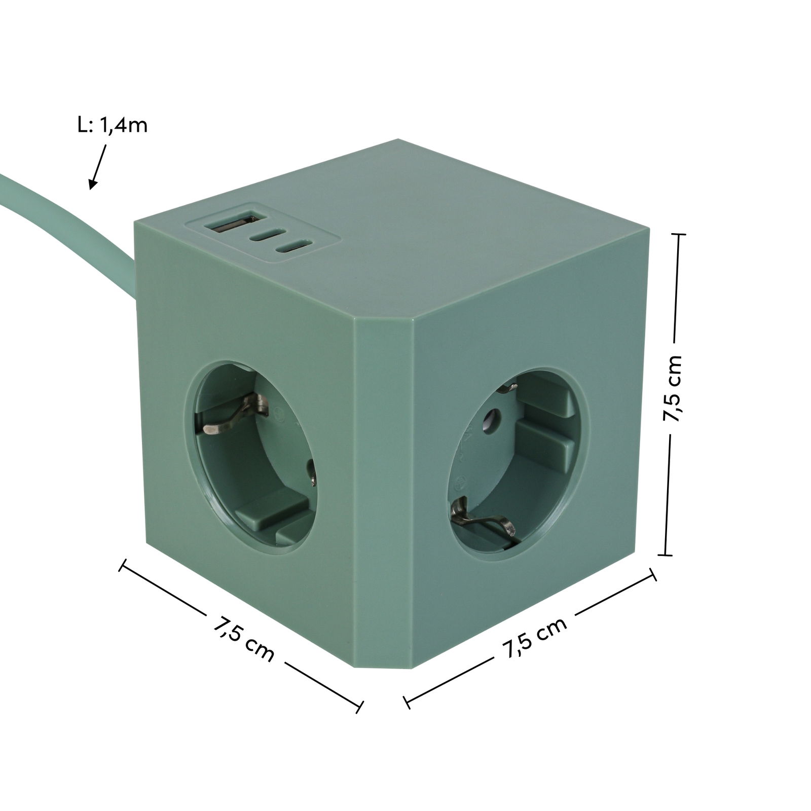 Grüner Steckdosenwürfel mit drei Steckdosen und zwei USB-Anschlüssen, Kabel 1,4 m lang, aus schräger Perspektive.