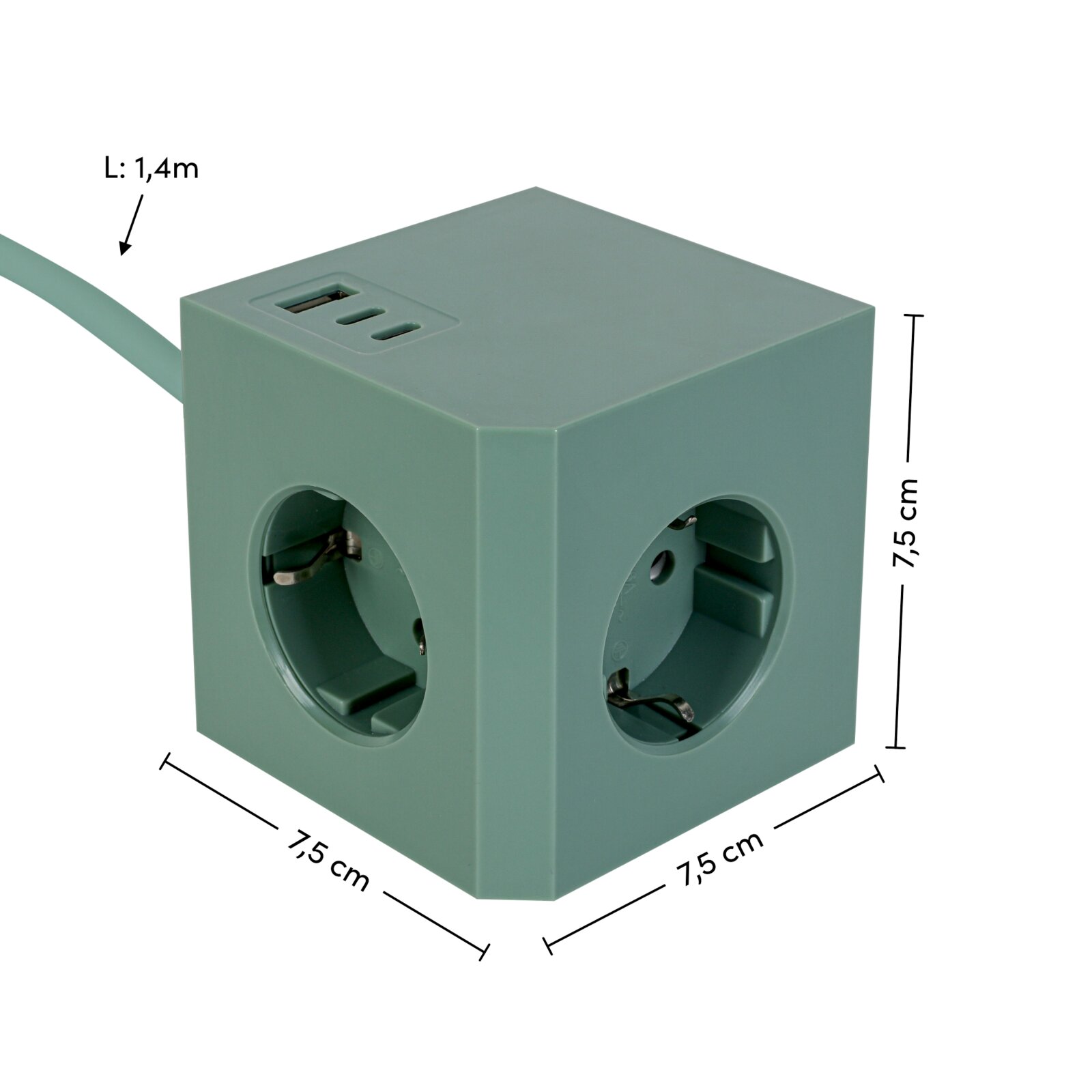 Groene stekkerdoos met drie stopcontacten en twee USB-aansluitingen, kabel van 1,4 m lang, vanuit een schuin perspectief.
