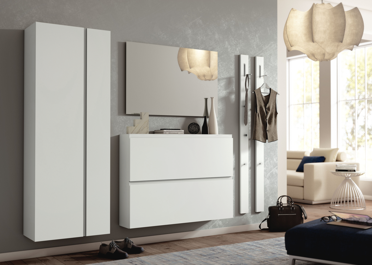 Moderano Garderoben-Set LECCO Modernes Garderobenset in Weiß mit Hängeschrank, Spiegel und Kleiderhaken, seitliche Perspektive.