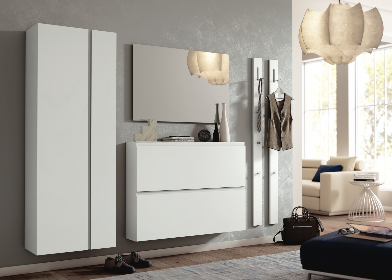 Modernes Garderobenset in Weiß mit Hängeschrank, Spiegel und Kleiderhaken, seitliche Perspektive.