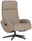 Beiger Relaxsessel mit Hocker, seitliche Perspektive, modernes Design, schwarzer Drehfuß