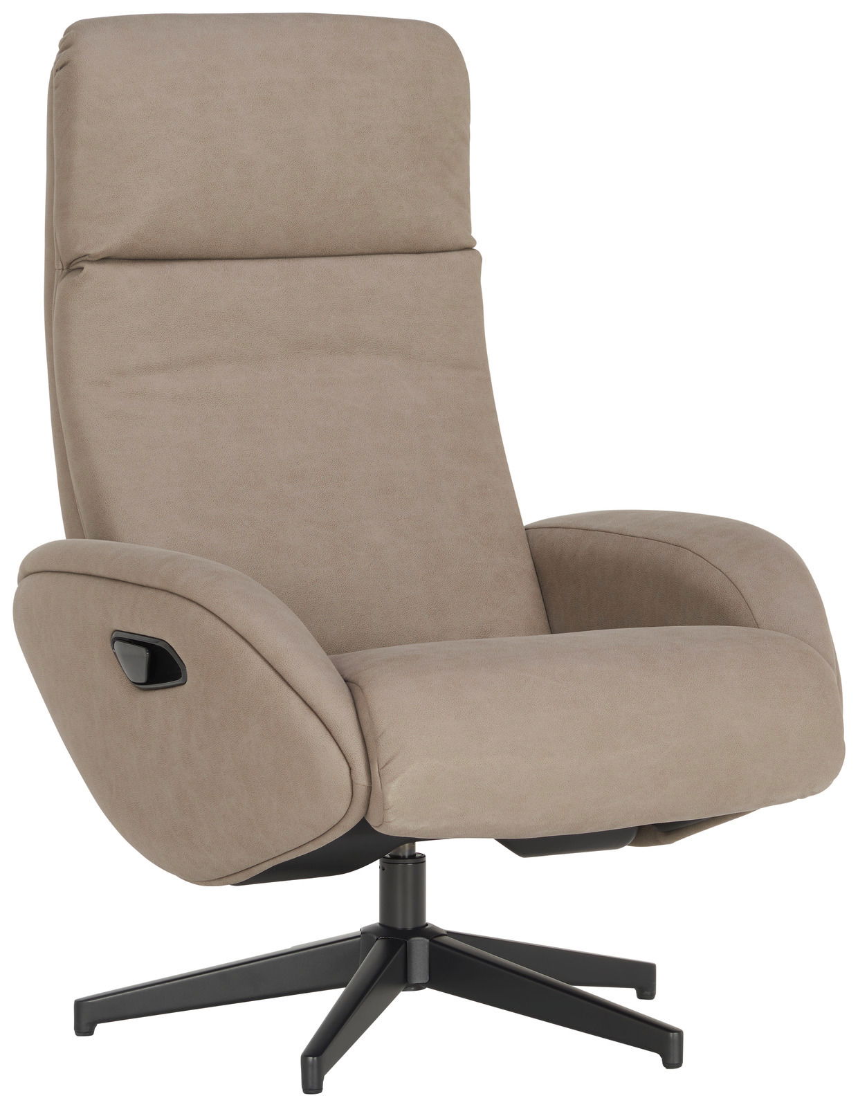 Beiger Relaxsessel mit Hocker, seitliche Perspektive, modernes Design, schwarzer Drehfuß