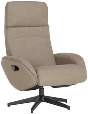 Beiger Relaxsessel mit Hocker, seitliche Perspektive, modernes Design, schwarzer Drehfuß