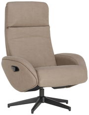 Beiger Relaxsessel mit Hocker, seitliche Perspektive, modernes Design, schwarzer Drehfuß